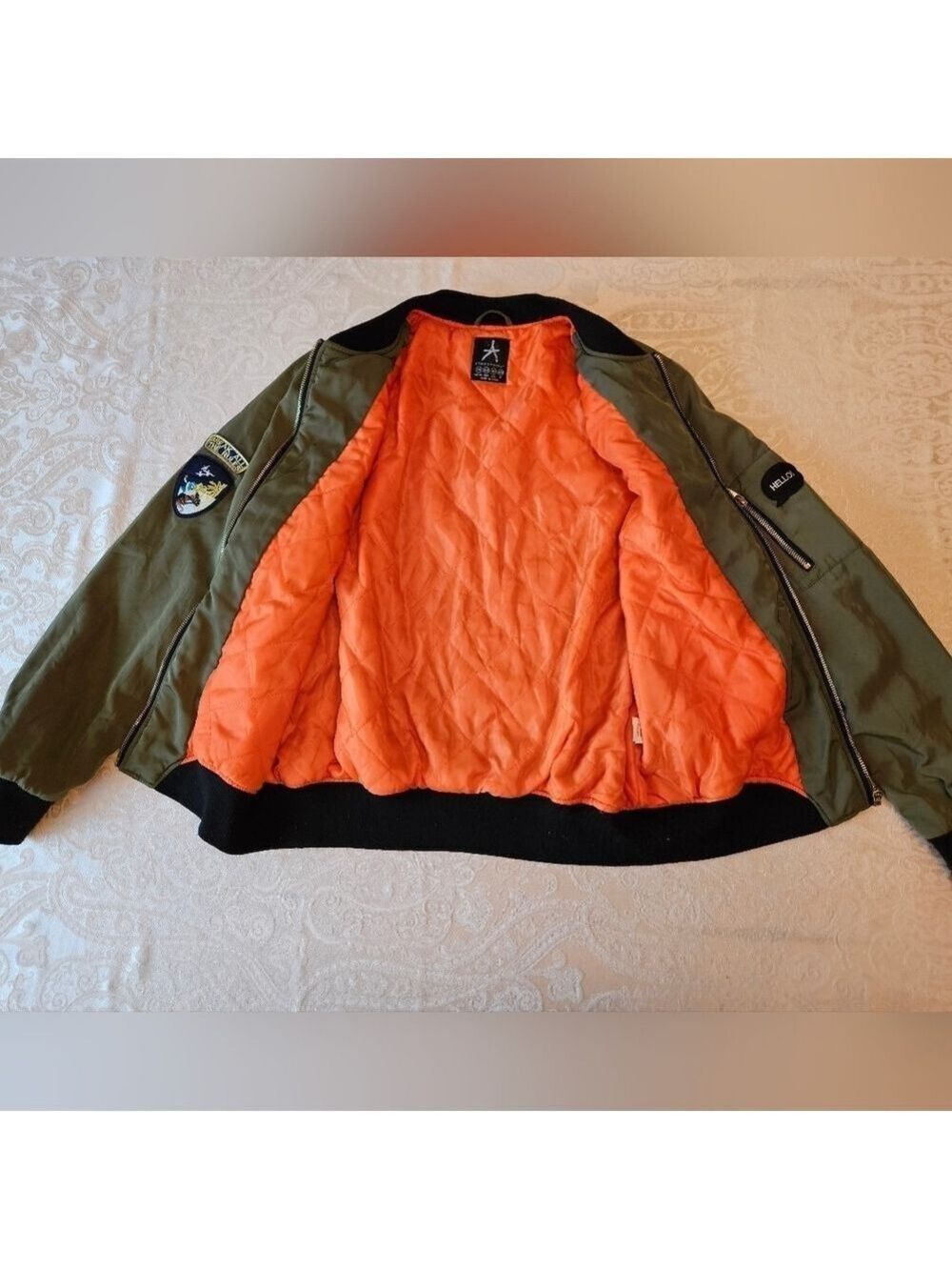 Atmosphere Green Bomber Jacket with Super Cool Unique Patches, Zippers, Size 10 - Picture 9 of 12